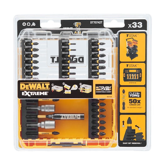 DEWALT Extreme DT70742T 33-piece bit set in a connectable Tough Case, for use with drills and screwdrivers.