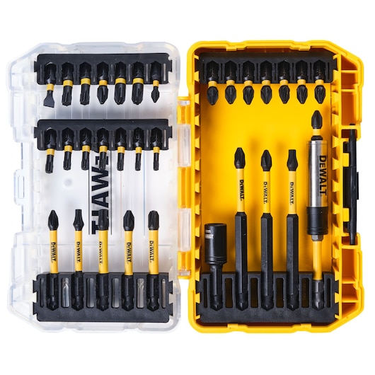 DEWALT DT70743T bit set in a yellow plastic case, various screwdriver and drill bits organized inside.