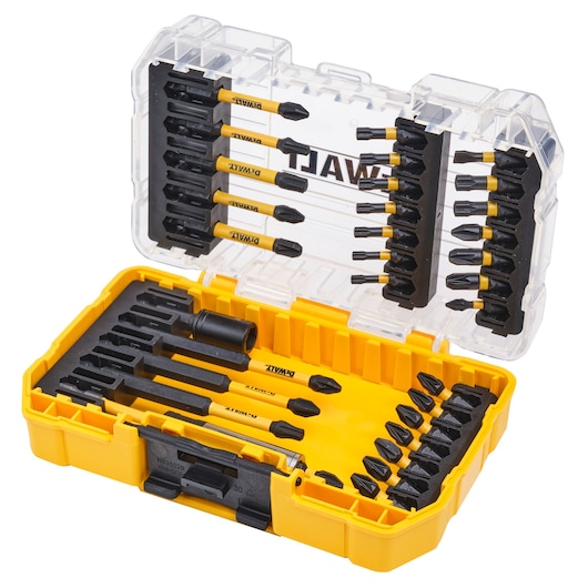 DEWALT yellow bit set case open, showing multiple screwdriver bits organized in rows inside the box.
