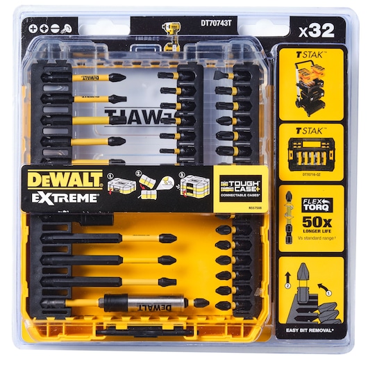 DEWALT DT70743T, 32-piece screwdriver bit set in a transparent yellow case with storage and product details.