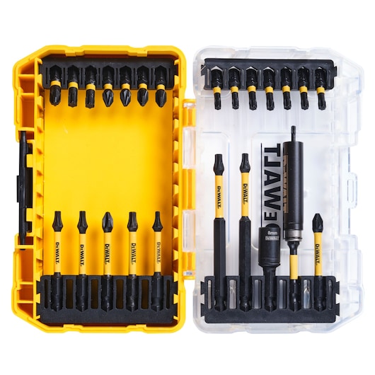 DEWALT DT70744T set with various screwdriver bits and accessories in a yellow plastic case.