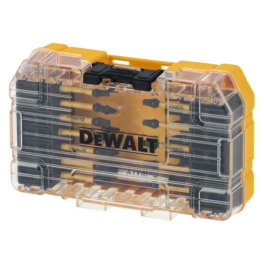 DEWALT drill bit set in a transparent yellow and black storage case.