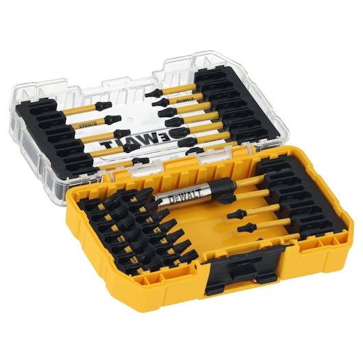 Yellow DEWALT case with assorted screwdriver bits and bit holder organized inside.