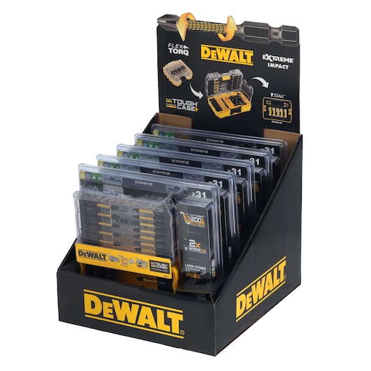 DEWALT FlexTorq impact bit set display box with multiple ToughCase packs arranged upright.