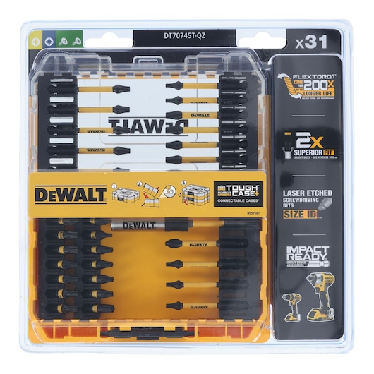 DEWALT DT70745T 31-piece screwdriver bit set in yellow case, suitable for impact drivers and superior fit.