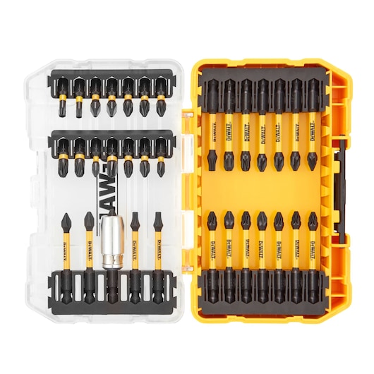 DEWALT DT70746T set with multiple screwdriver bits in a yellow and clear plastic case, organized in rows.