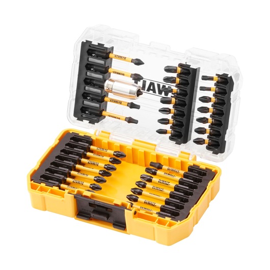 DEWALT yellow case with assorted screwdriver bits and bit holder, organized inside for easy tool selection.