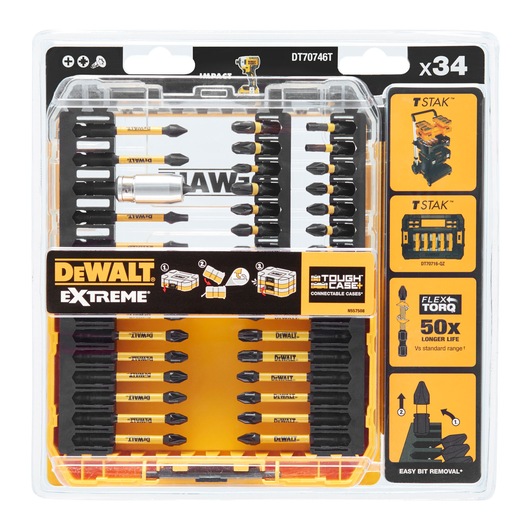 DEWALT DT70746T set with 34 screwdriver bits in a Tough Case, labeled Extreme, suitable for various tasks.