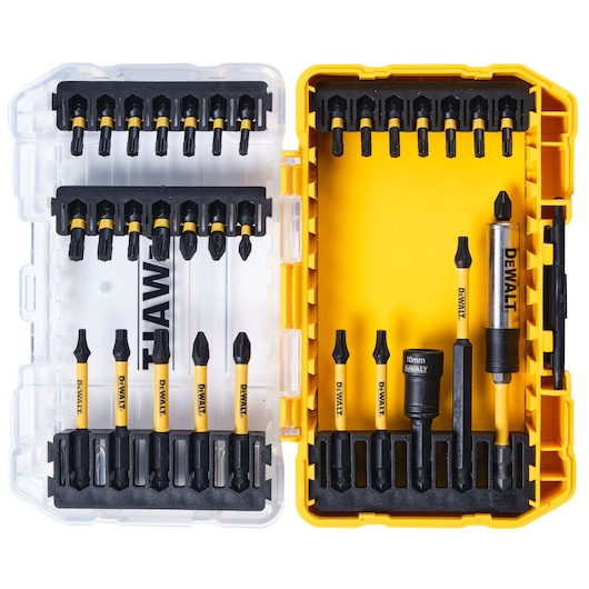 DEWALT DT70747T bit set in a yellow and clear case, containing various screwdriver bits and accessories.