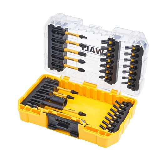 Yellow DEWALT bit set case open, showing multiple screwdriver bits organized inside.
