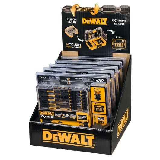 DEWALT DT70747T drill bit set display with multiple cases in a branded black and yellow box.