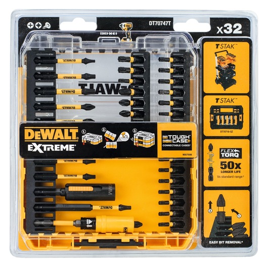DEWALT DT70747T Extreme Tough Case with 32 assorted screwdriver bits for power tools, organized in a plastic box.