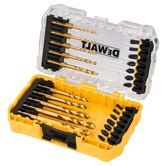 DEWALT yellow drill and screwdriver bit set in a clear plastic case with organized compartments.