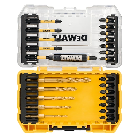 DEWALT yellow drill and screwdriver bit set in an open plastic case with various bits organized inside.