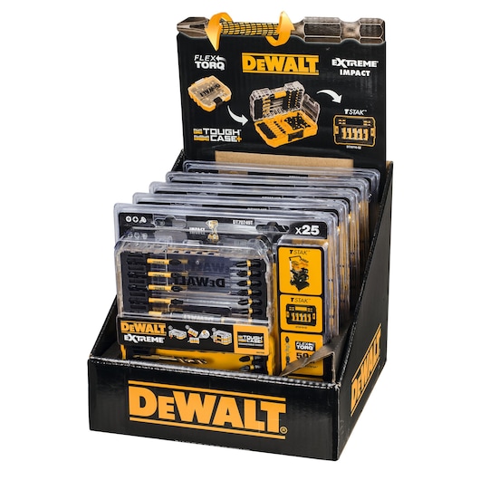 DEWALT DT70749T display box with multiple drill bit sets in clear cases for tough impact and storage.