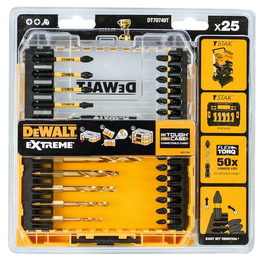 DEWALT DT70749T set with 25 drill bits and accessories in a yellow Tough Case for easy storage and bit removal.