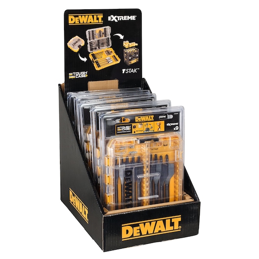 DEWALT DT70751 drill bit set packs displayed in a black and yellow retail box with clear cases.