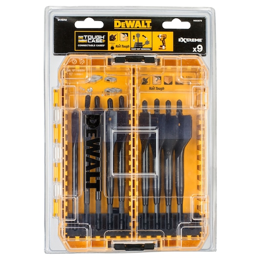 DEWALT DT70751 set of 9 drill bits in a yellow ToughCase, organized in slots, with clear lid packaging.