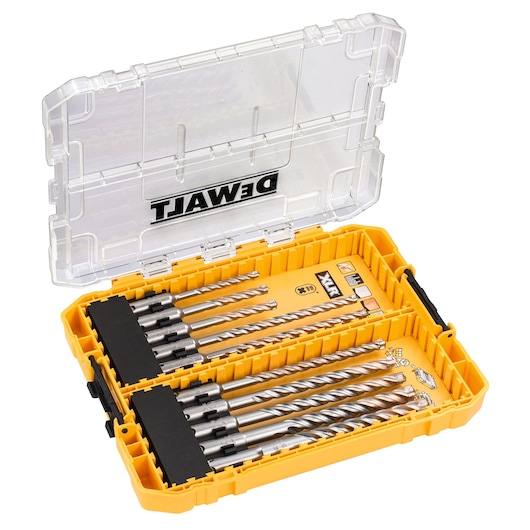 Yellow DEWALT case with multiple drill bits organized inside and a clear lid displayed open.