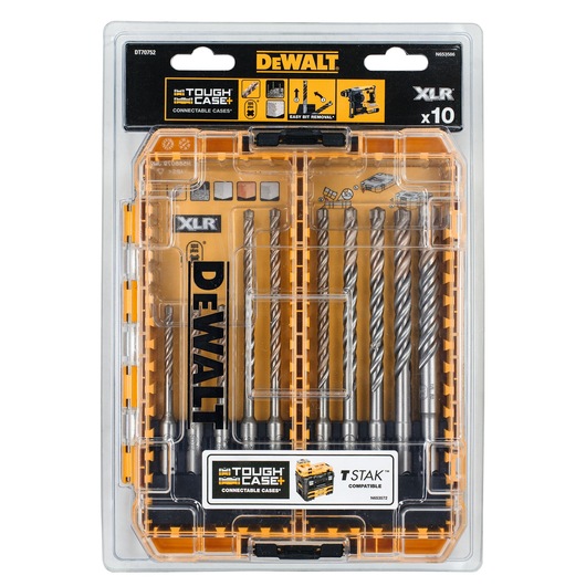 DEWALT DT70752 tough case set with 10 drill bits in assorted sizes for masonry and construction use.
