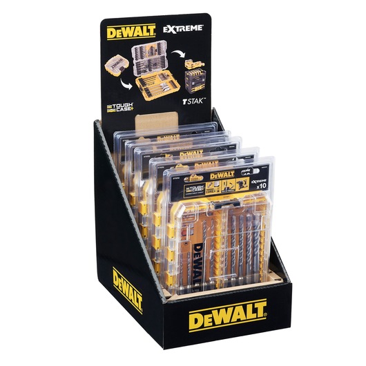 Display box containing multiple DEWALT Extreme drill bit sets in clear plastic cases. The display includes branding and product information, with yellow and black colors characteristic of DEWALT products.