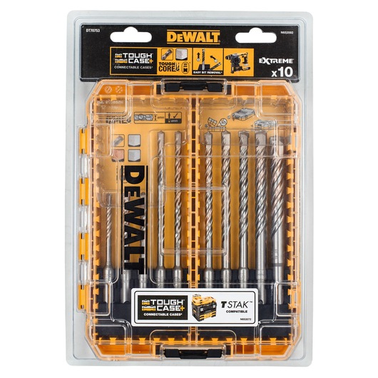 DEWALT DT70753 drill bit set in Tough Case, ten pieces for various drilling tasks, transparent box packaging.