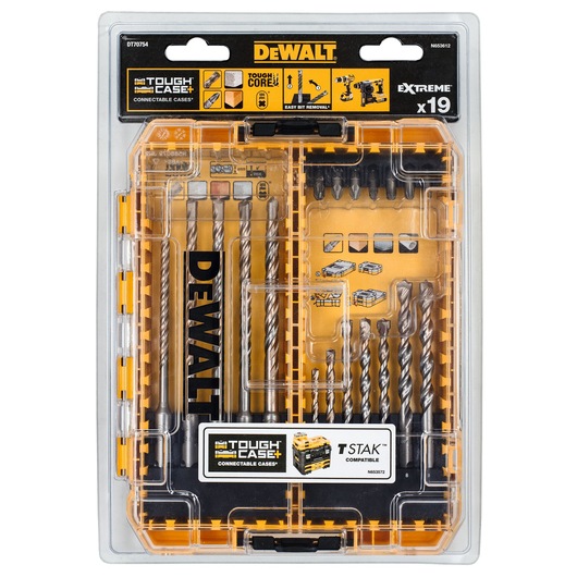 DEWALT DT70754 drill and screwdriver bit set in Tough Case, 19 pieces, organized in a transparent plastic box.