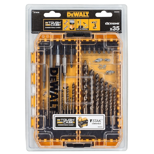 DEWALT DT70756 Tough Case with 35 drill and screwdriver bits, organized in a transparent plastic storage box.