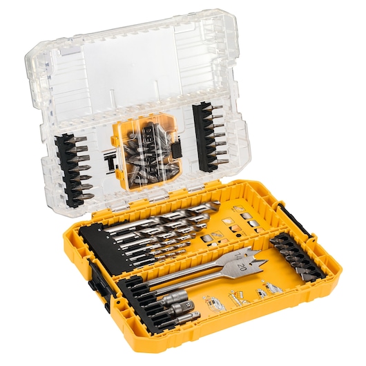 A DEWALT yellow and transparent plastic case containing a variety of drill bits, screwdriver bits, and accessories, neatly organized and displayed with the lid open.