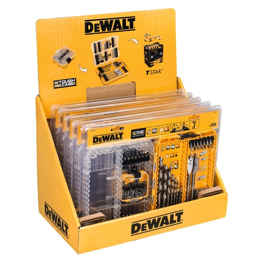 DEWALT display box with drill and bit sets in clear cases, branded yellow packaging for tools and accessories.