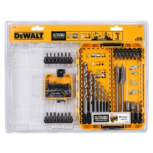 DEWALT DT70757 Tough Case set containing 55 pieces, including drill bits, screwdriver bits, and spade bits organized in a transparent and yellow plastic case. The set is suitable for drilling and screwdriving tasks.
