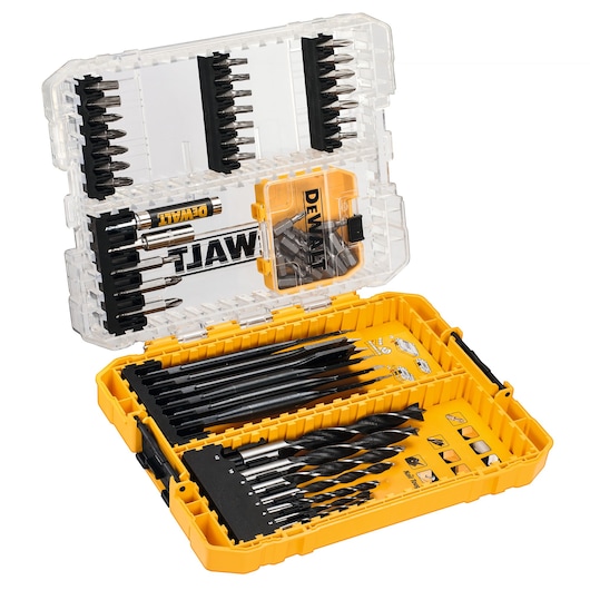 DEWALT drill and screwdriver bit set in a yellow hard plastic case with transparent lid, containing various sizes of drill bits, screwdriver bits, and accessories neatly organized.