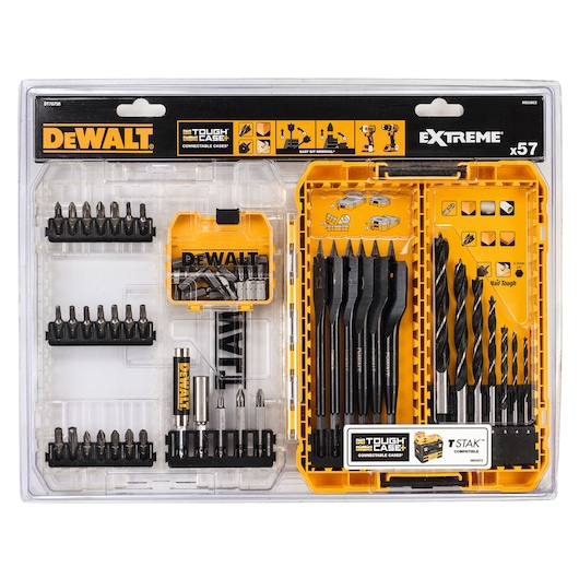 DEWALT DT70758 Extreme x57 Tough Case set containing a selection of drill bits, screwdriver bits, and accessories, all organized in a durable yellow and black plastic case.