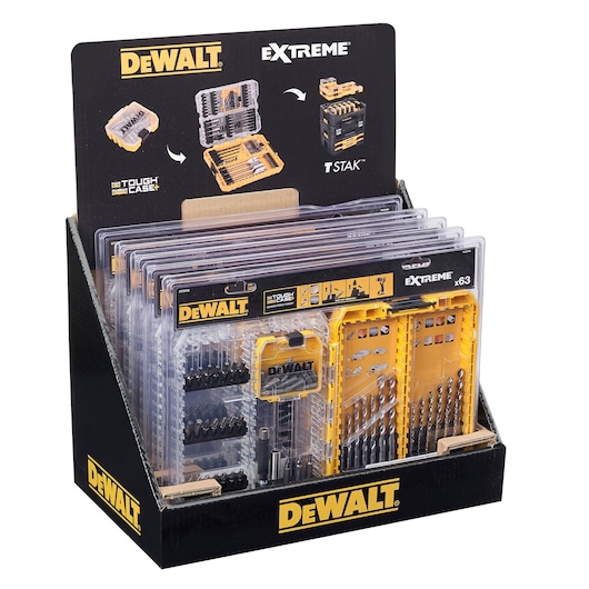 DEWALT Extreme drill and bit sets in retail display box, with packaging showing tools and storage options.