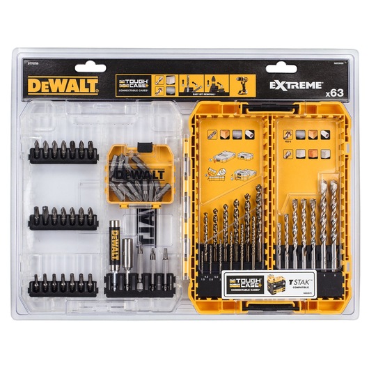 DEWALT DT70759 drill bit and screwdriver set in a clear plastic case with 63 pieces for various applications.