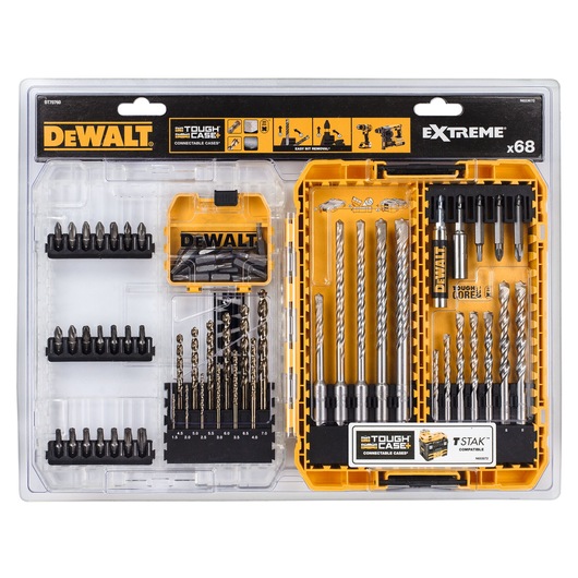 A DEWALT DT70760 Extreme Tough Case set containing 68 pieces, including various drill bits and screwdriver bits, organized in a transparent and yellow plastic case. The packaging features DEWALT branding and diagrams showing compatible tools.