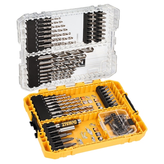 DEWALT DT70761 drill and screwdriver bit set in a yellow plastic case with organized compartments.