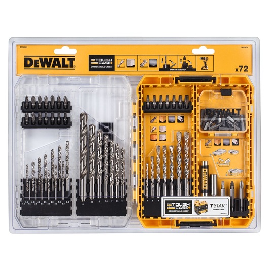 DEWALT DT70761 drill and bit set in a tough plastic case, 72 pieces organized for various drilling and screwdriving tasks.