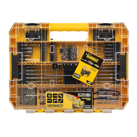DEWALT DT70763 drill and screwdriver bit set in a yellow Tough Case organizer, with various bits and accessories.