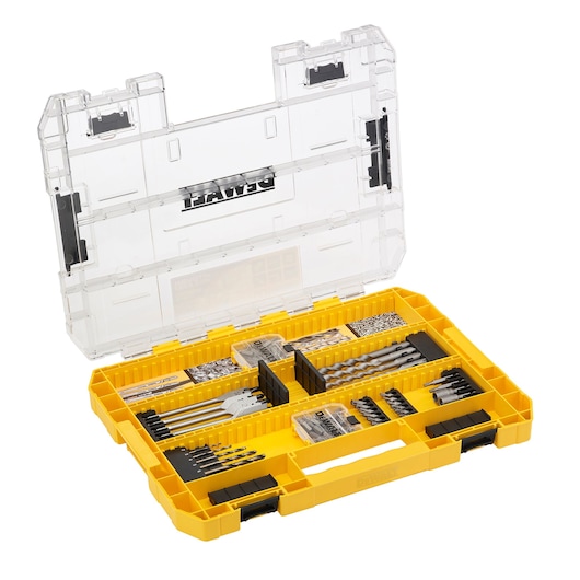 DEWALT yellow tool case with various drill bits and accessories, clear plastic lid, organized compartments.