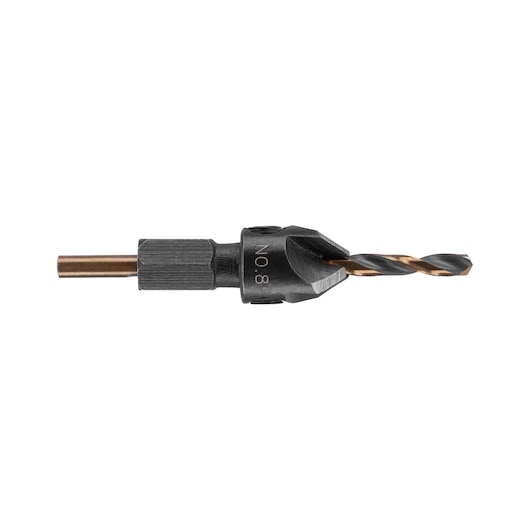 A close-up image of a DEWALT combination drill and countersink bit, showing the metal tool with both a drill bit and countersink attachment against a white background.