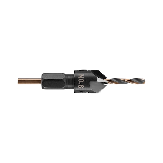 A DEWALT No.6 drill bit and countersink attachment, designed for precision wood drilling.