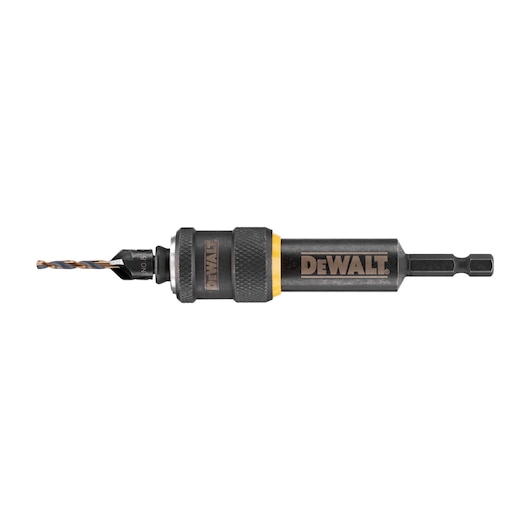 A DEWALT branded drill bit and holder attachment, featuring a black and yellow design, photographed on a white background.