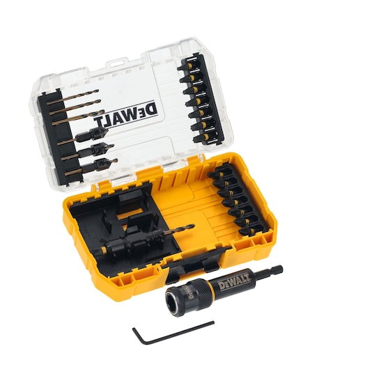 A DEWALT branded yellow and black drill and screwdriver bit set in a plastic case with clear lid. The set includes various drill bits, screwdriver bits, a bit holder with DEWALT logo, and a hex key.