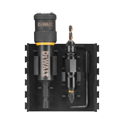 A DEWALT drill and screwdriver accessory set, including a drill bit holder, a drill bit, a screwdriver bit, and a hex key, mounted in a black plastic holder.
