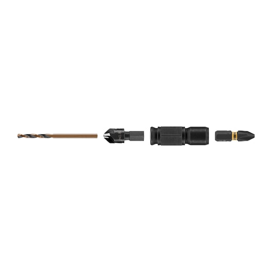 DEWALT DT70779T kit featuring four black and gold drill and screwdriver accessories arranged in a row on a white background.