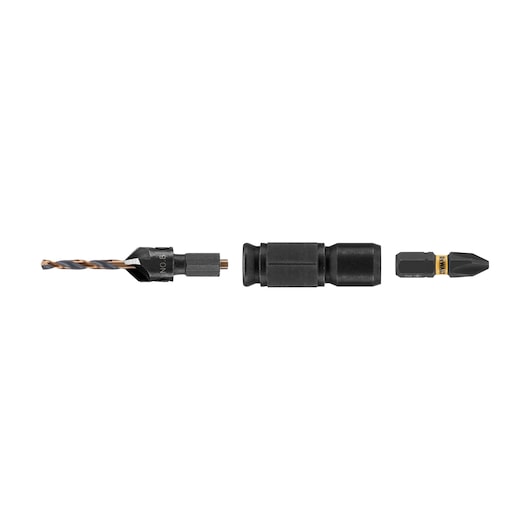 Image showing three DEWALT tool accessories: a drill bit, a bit holder, and a screwdriver bit aligned horizontally on a white background.