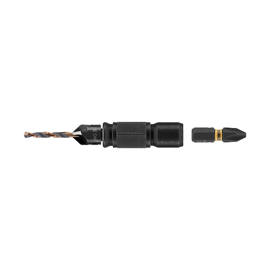 A DEWALT drill and screwdriving accessory set, including a drill bit, countersink and a screwdriver bit, shown separated and aligned horizontally against a white background.