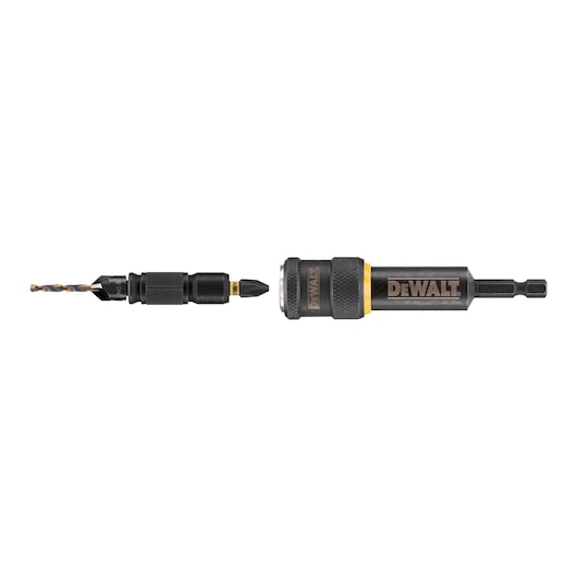 A DEWALT DT70779T drill and screwdriver bit set with a modular black and yellow handle attachment, drill bit and screwdriver bit separated, shown against a white background.