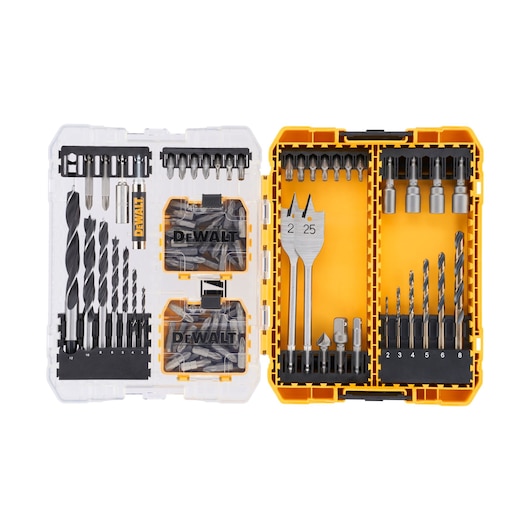 DEWALT DT70784 drill and bit set in a yellow and clear case with various drill and screwdriver bits organized inside.